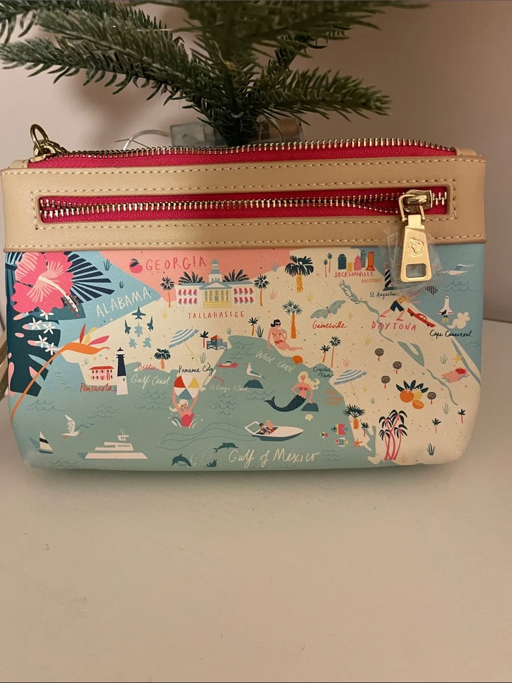 Spartina 449 Florida Map Zip Clutch in Pink and Cream with Aqua Accents